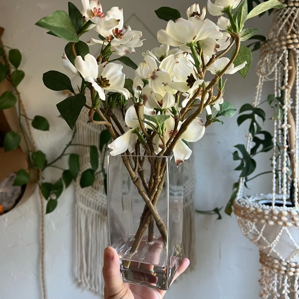Faux Dogwood Flower Arrangement | White Silk Flowers in Glass Vase Home Decor